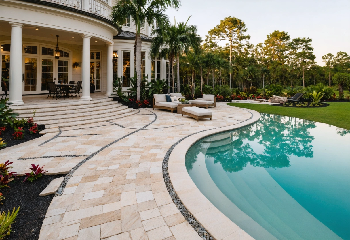 Paver patio integrated with tropical landscape around pool and garden.