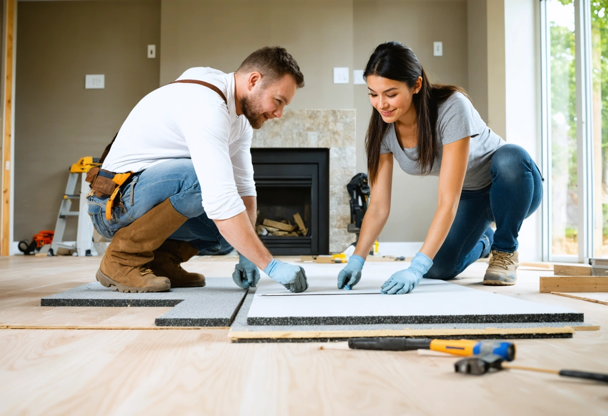 Installer and homeowner discussing flooring options on subfloor.