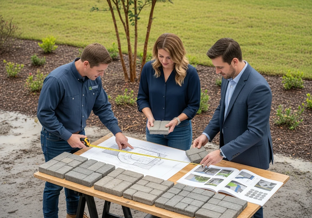 Real estate investors and paving specialist review paver samples outdoors.
