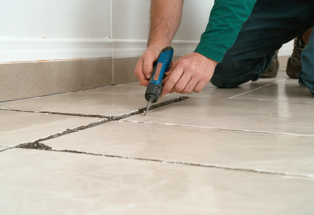 Technician inspecting grout crack on tiled floor near baseboard.
