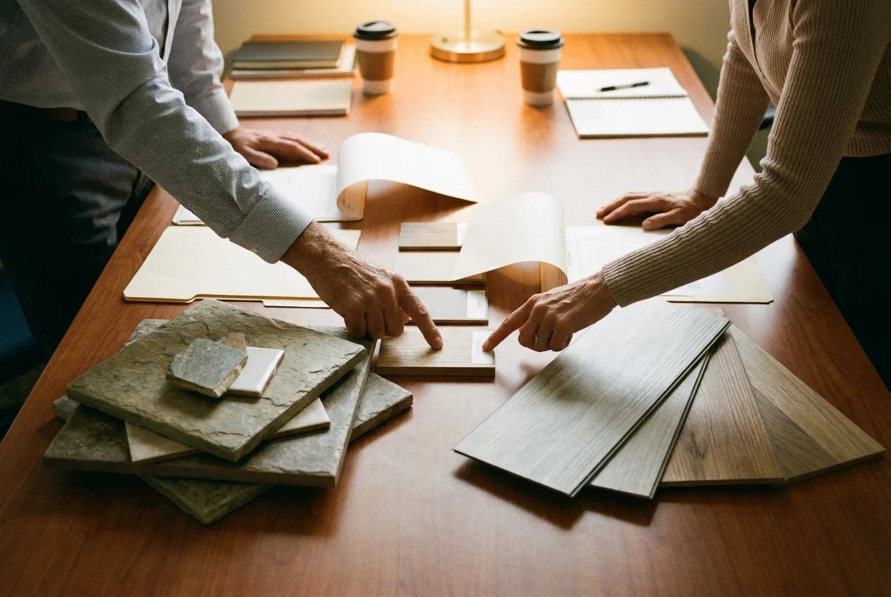 Property manager and specialist reviewing flooring material swatches.