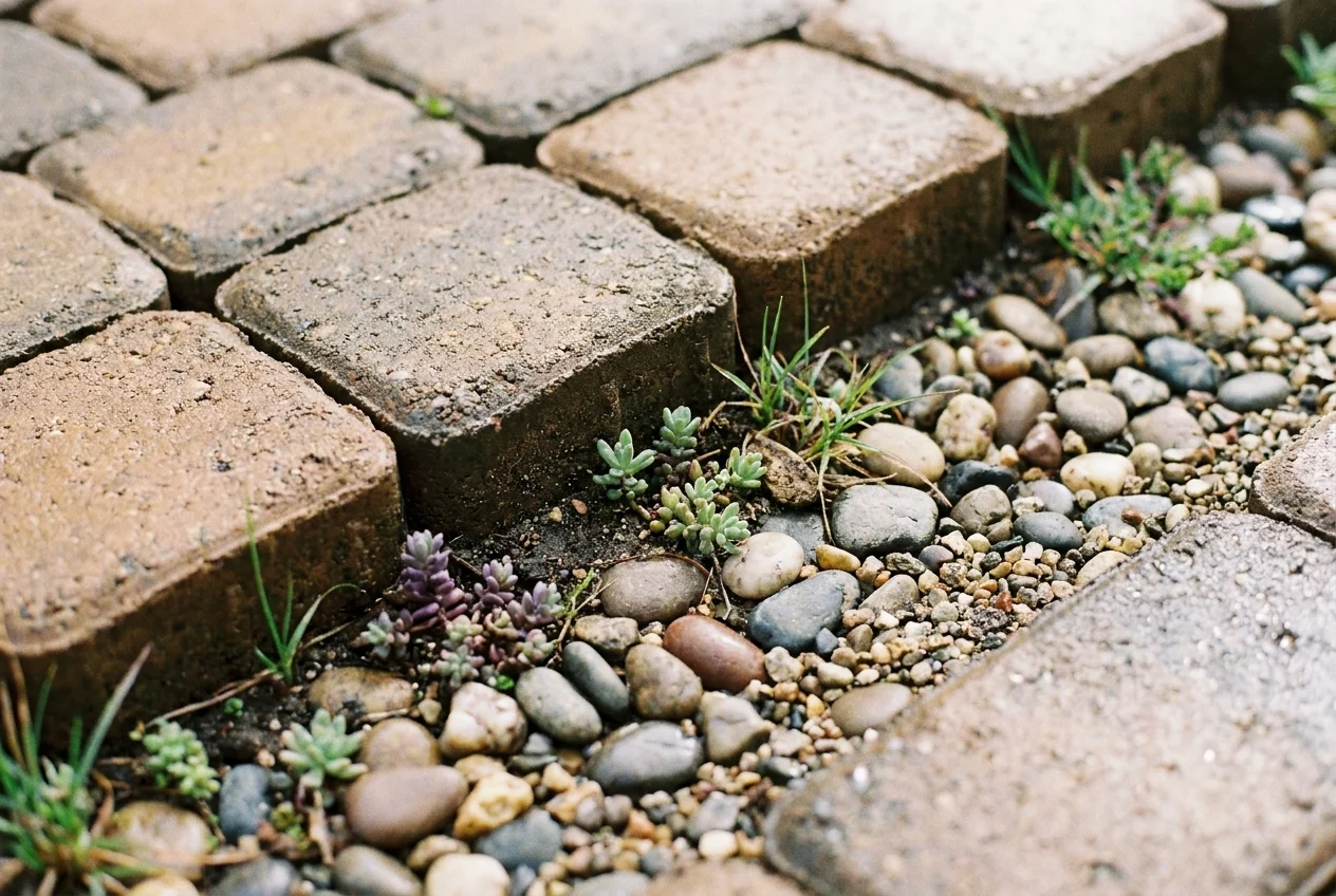 Close-up of premium paver surface with gravel strip and planting border.
