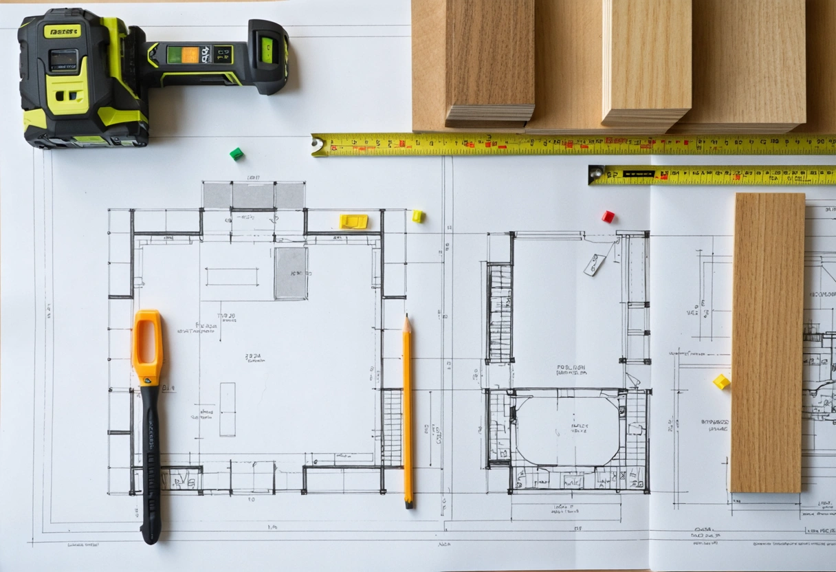 Organized worktable with flooring tools, plans, and sample materials.