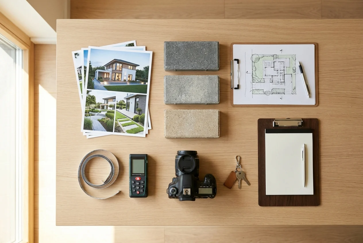 Top-down workspace with property photos, paver swatches, and tools.