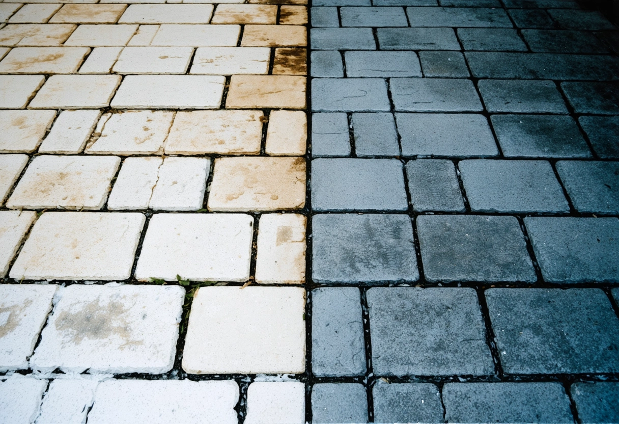 Driveway and patio showing paver issues and restoration contrast.