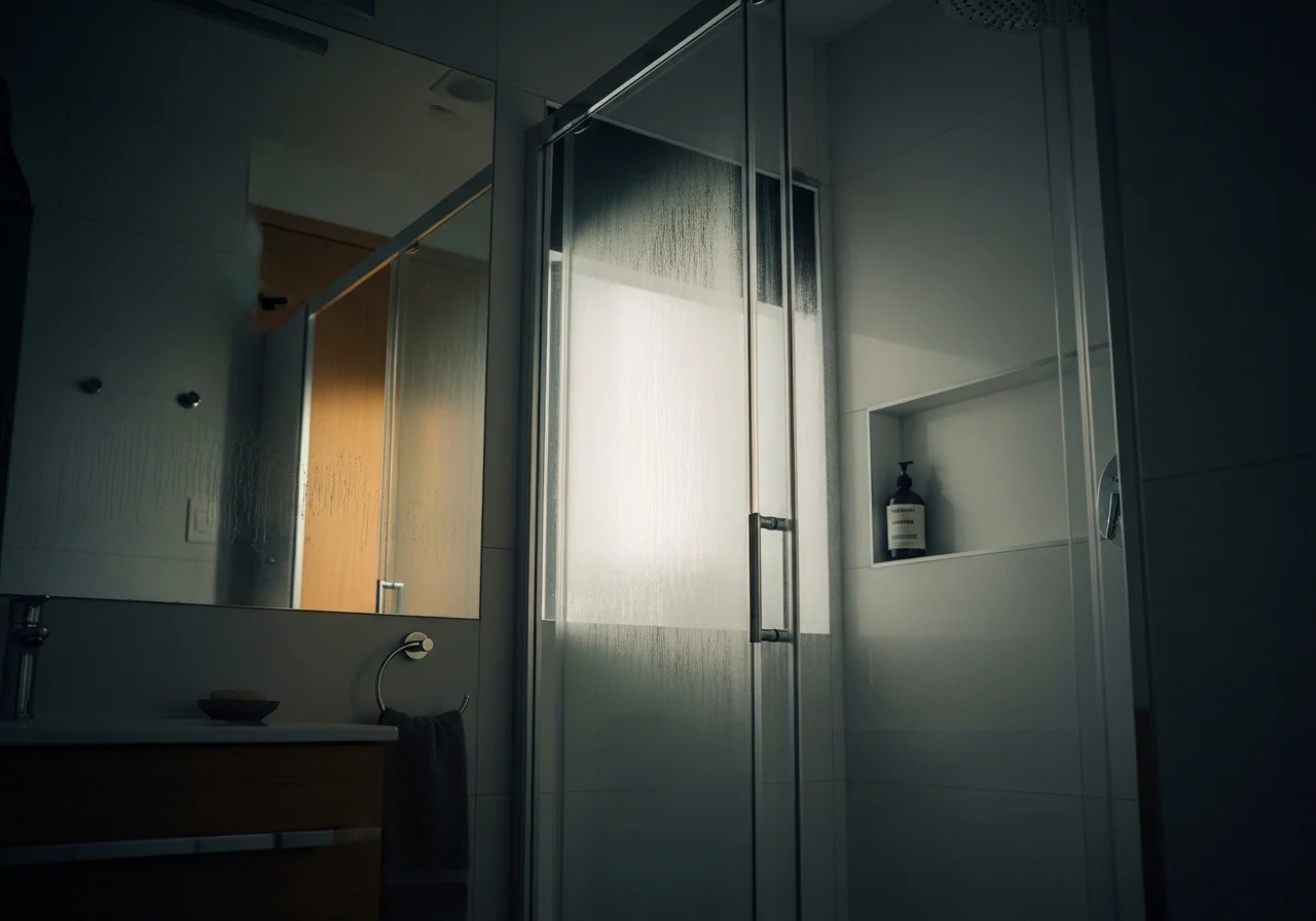 Compact modern bathroom with glass shower, hazy mirror, lingering moisture, poor ventilation