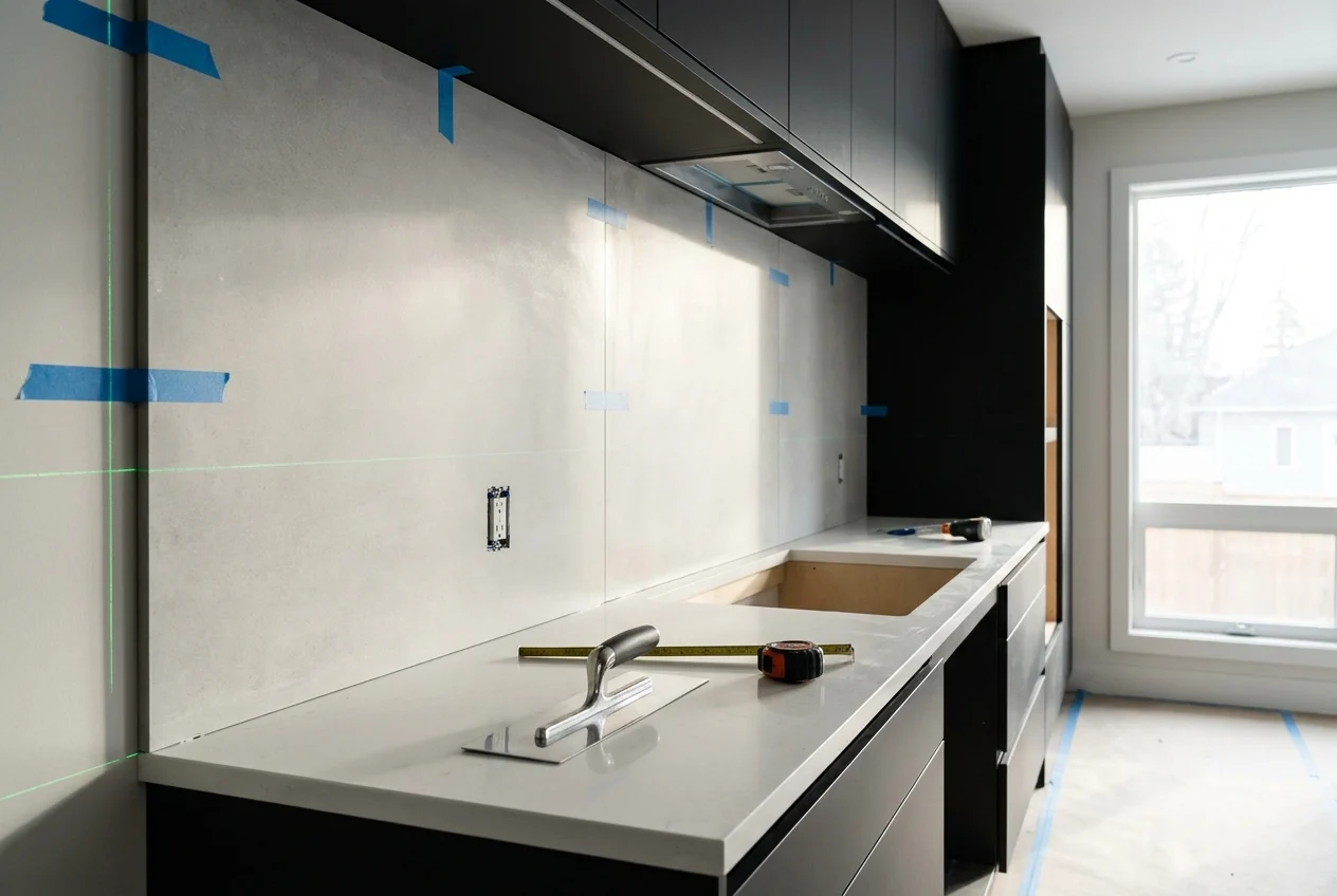 Sleek remodel scene with oversized backsplash tiles and installation markers