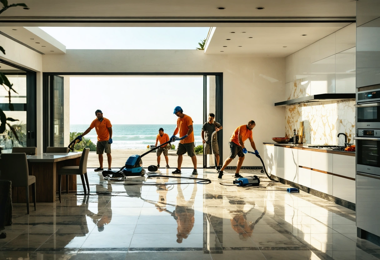 Crew performs tile cleaning and sealing in a beachside vacation rental