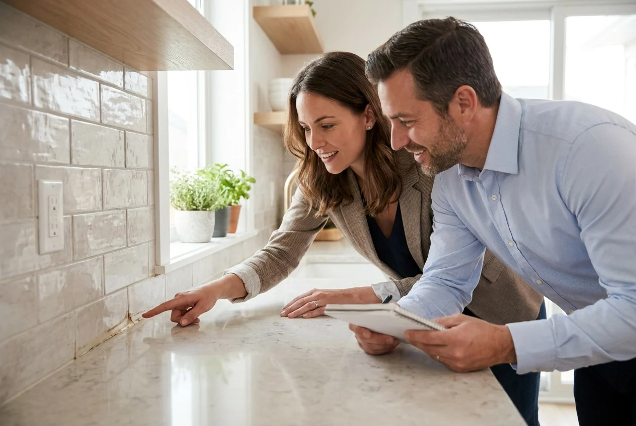 Property specialist and client inspecting peeling caulk along a kitchen backsplash seam