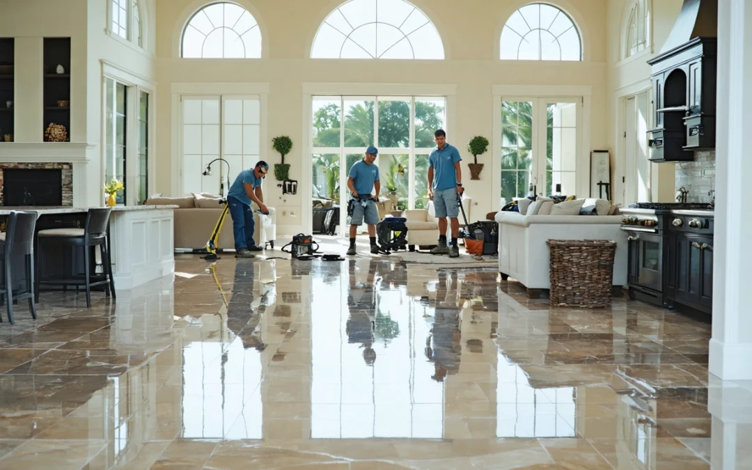 Tile restoration crew in a bright luxury vacation living space