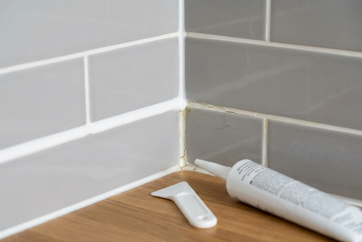 Kitchen backsplash corner showing intact seal beside cracked, stained, separated grout