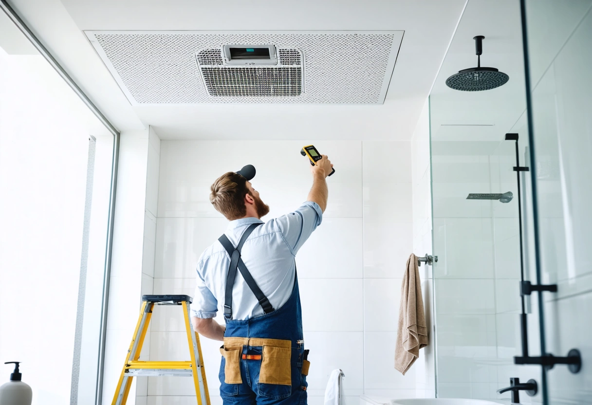Contractor inspecting bathroom exhaust fan, ceiling dust, tools, and moisture meter