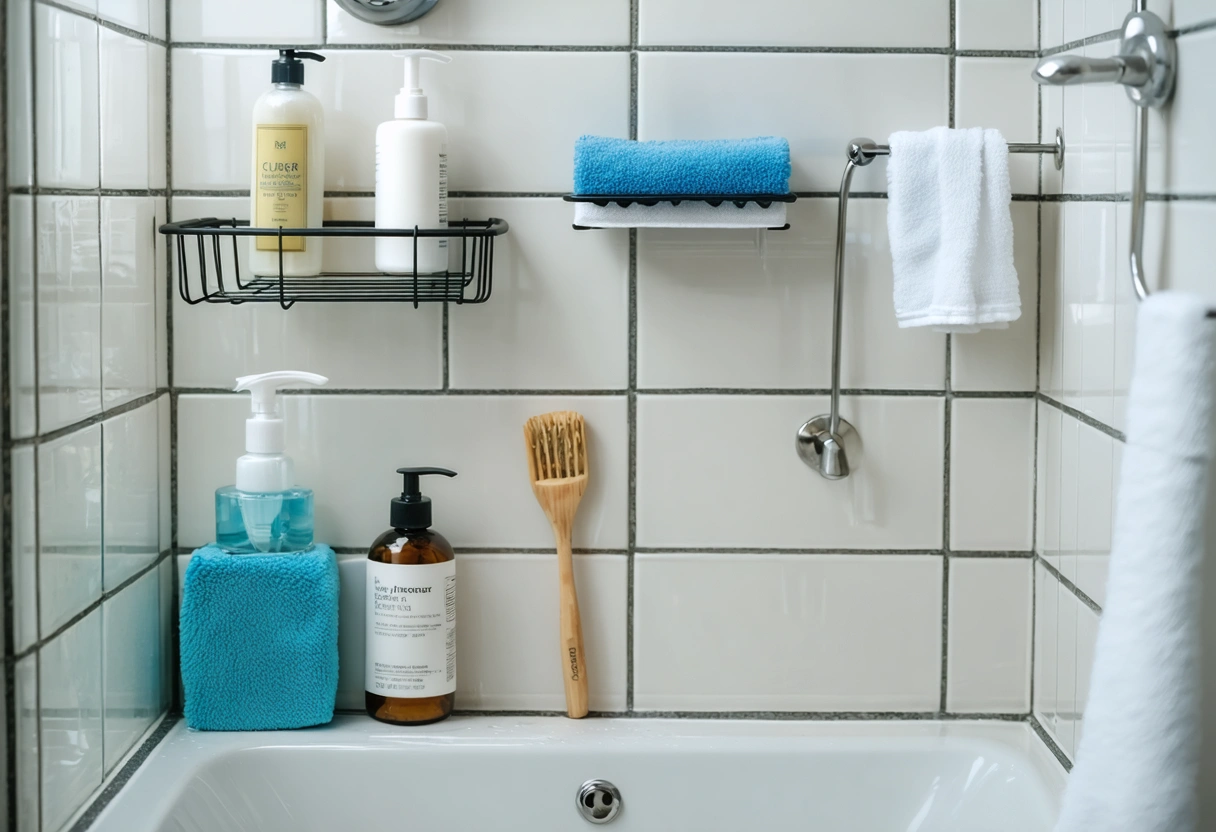 Organized shower corner with caddy, squeegee, cloth, toiletries, and drying surfaces
