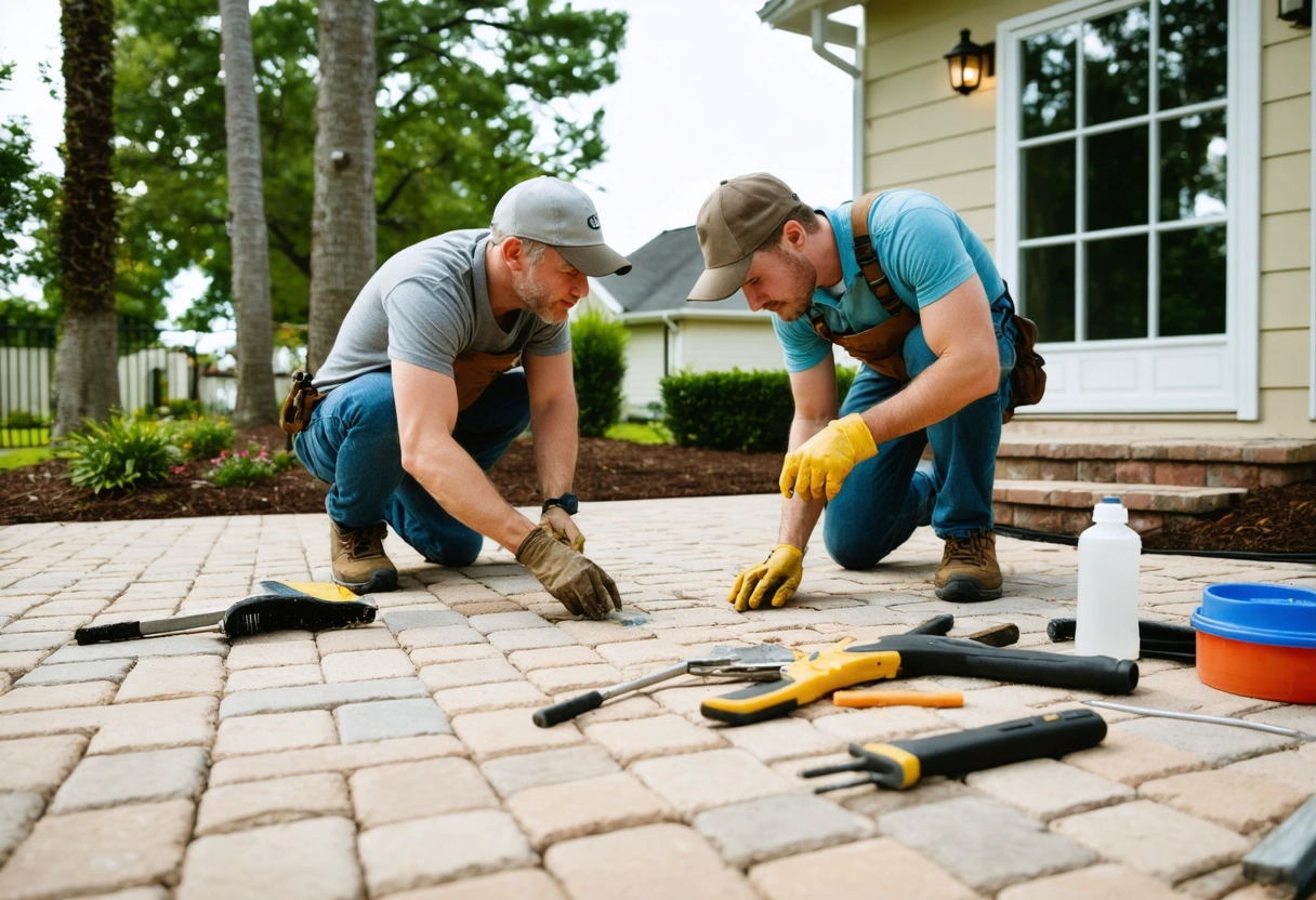 Homeowner and professional discussing paver options by a patio.