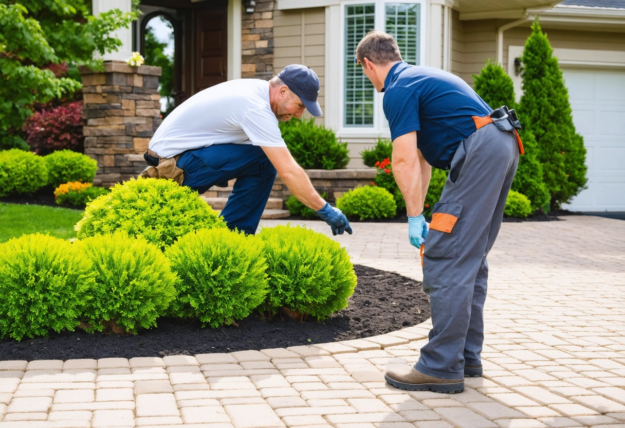 Landscaping professional and owner assessing framed paver area.