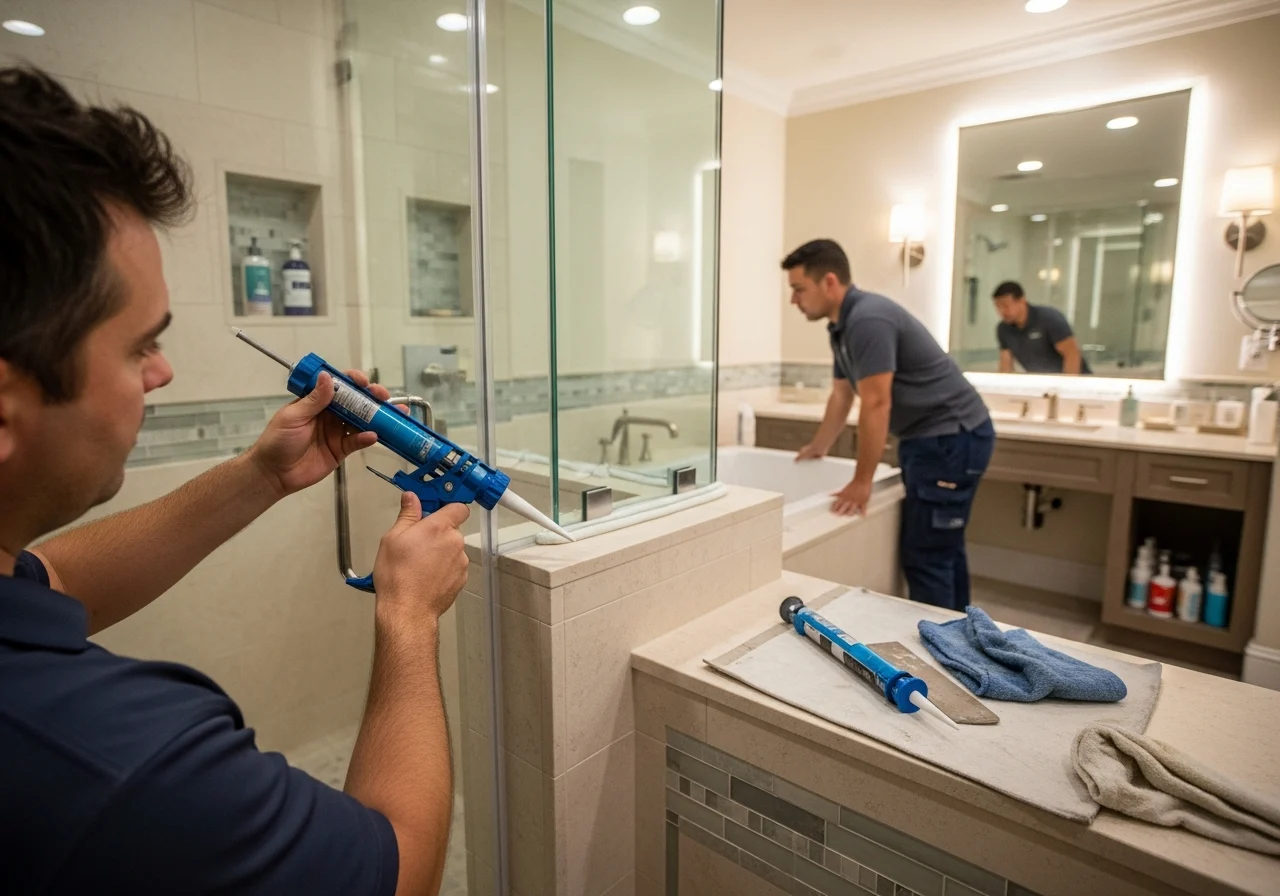 Specialist applies color-matched caulk around shower niche in luxury bathroom