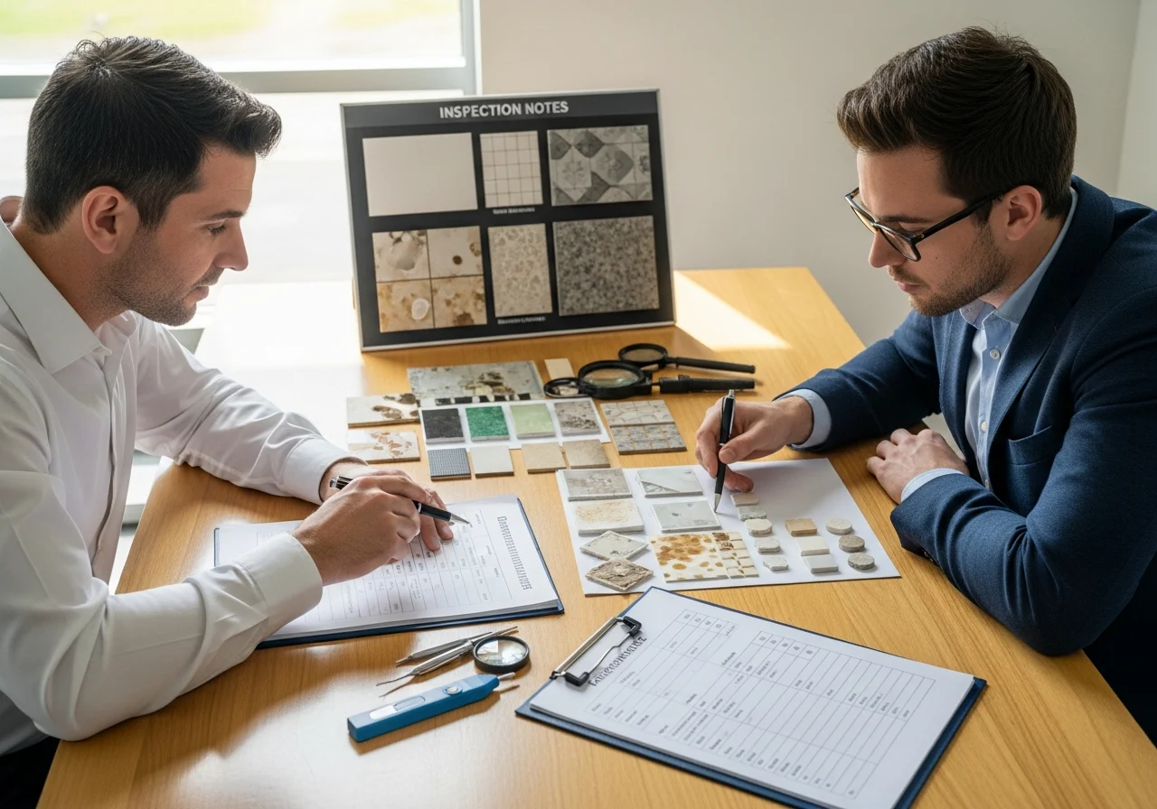 Property managers review grout stains and tile wear inspection notes
