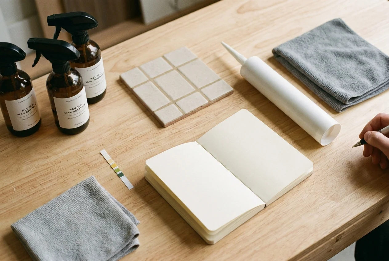 Bathroom cleaning supplies, notebook, grout tile, caulk, and inspection tools on counter