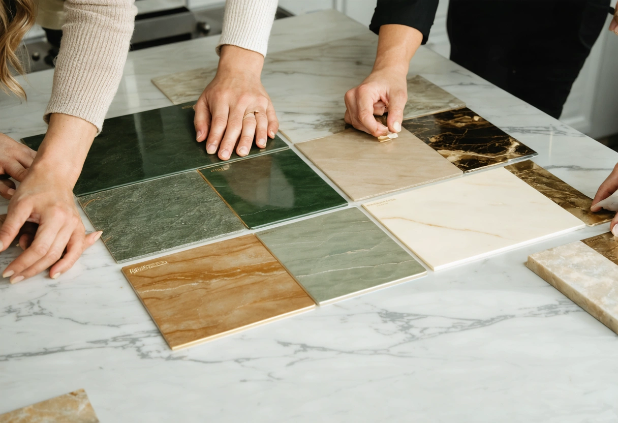 Kitchen design studio reviewing earthy backsplash swatches and finish samples