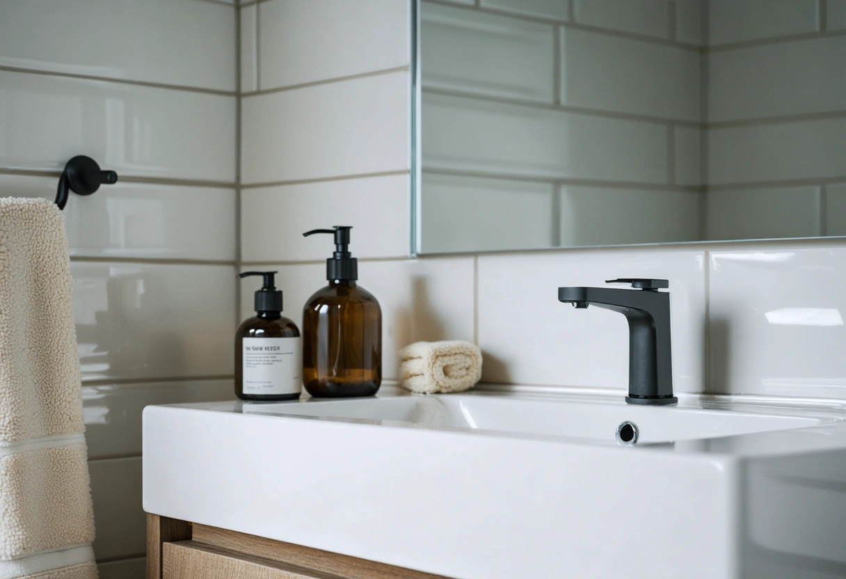 Bathroom backsplash with chalky grout, swollen joints, and steam-dulled surface sheen