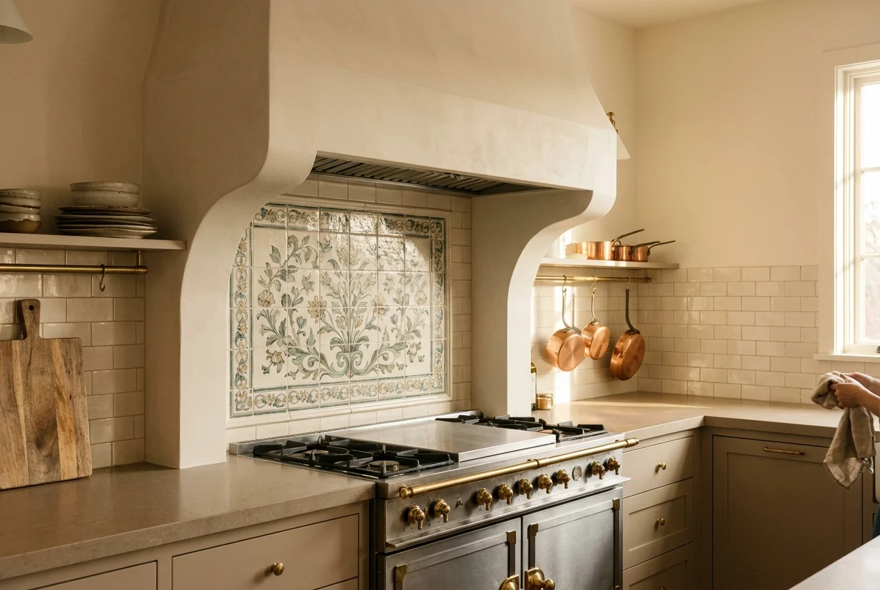 Stylish kitchen range wall with decorative backsplash panel and integrated hood