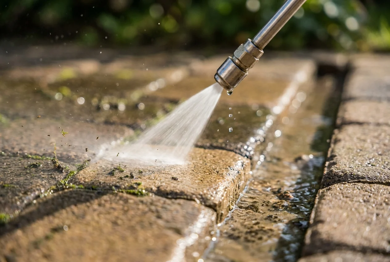 Pressure washer cleaning pavers, water droplets in sunlight.