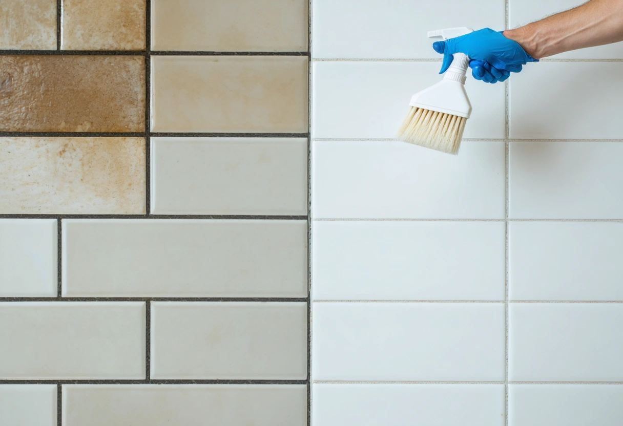 Close-up shows half-restored shower tile comparing cleaning and restoration