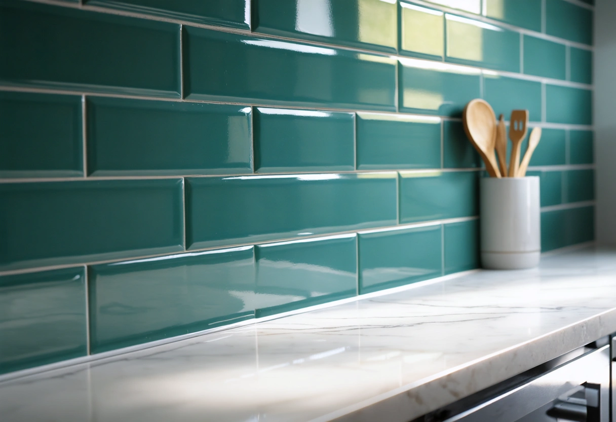 Close-up of glossy backsplash tile with bright reflections and cabinetry contrast