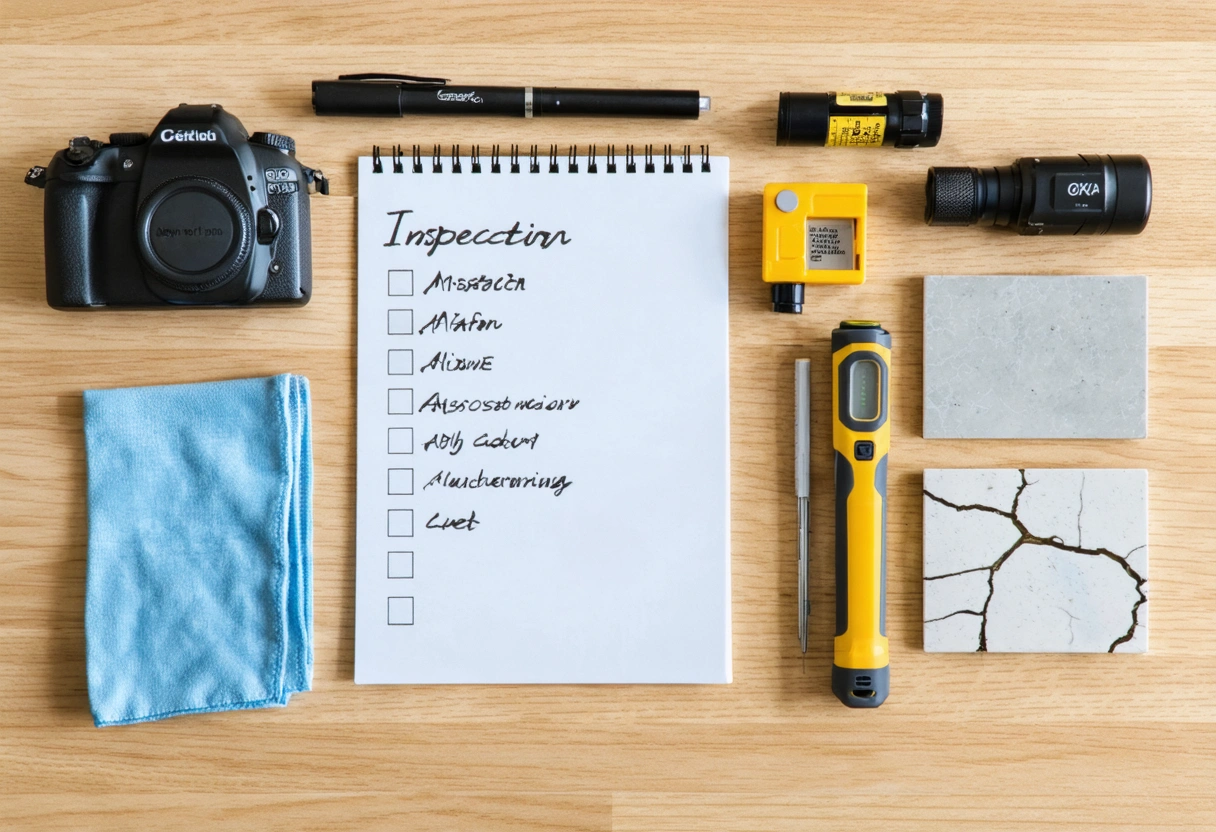Inspection checklist beside flashlight and backsplash tile samples on kitchen counter