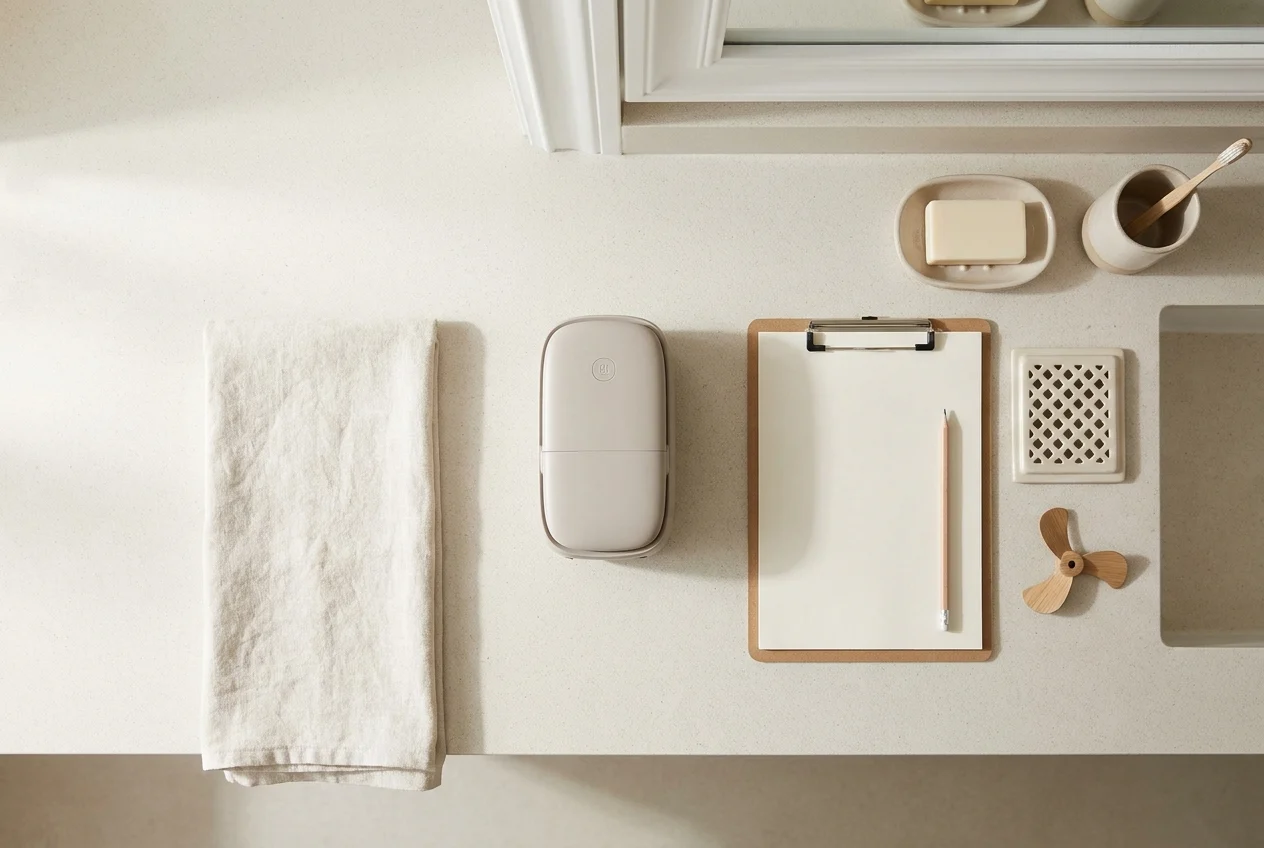 Top-down bathroom moisture control setup with towel, dehumidifier, notes, and bath items