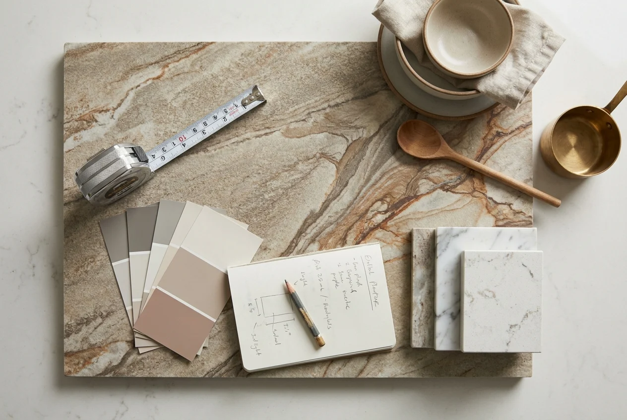 Minimalist countertop workspace with stone backsplash sample, tools, and paint chips
