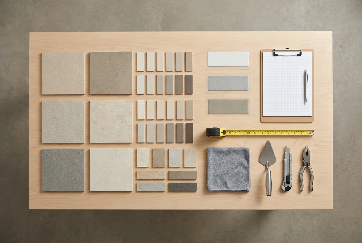 Top-down table with tile samples, grout chips, notes, and tools
