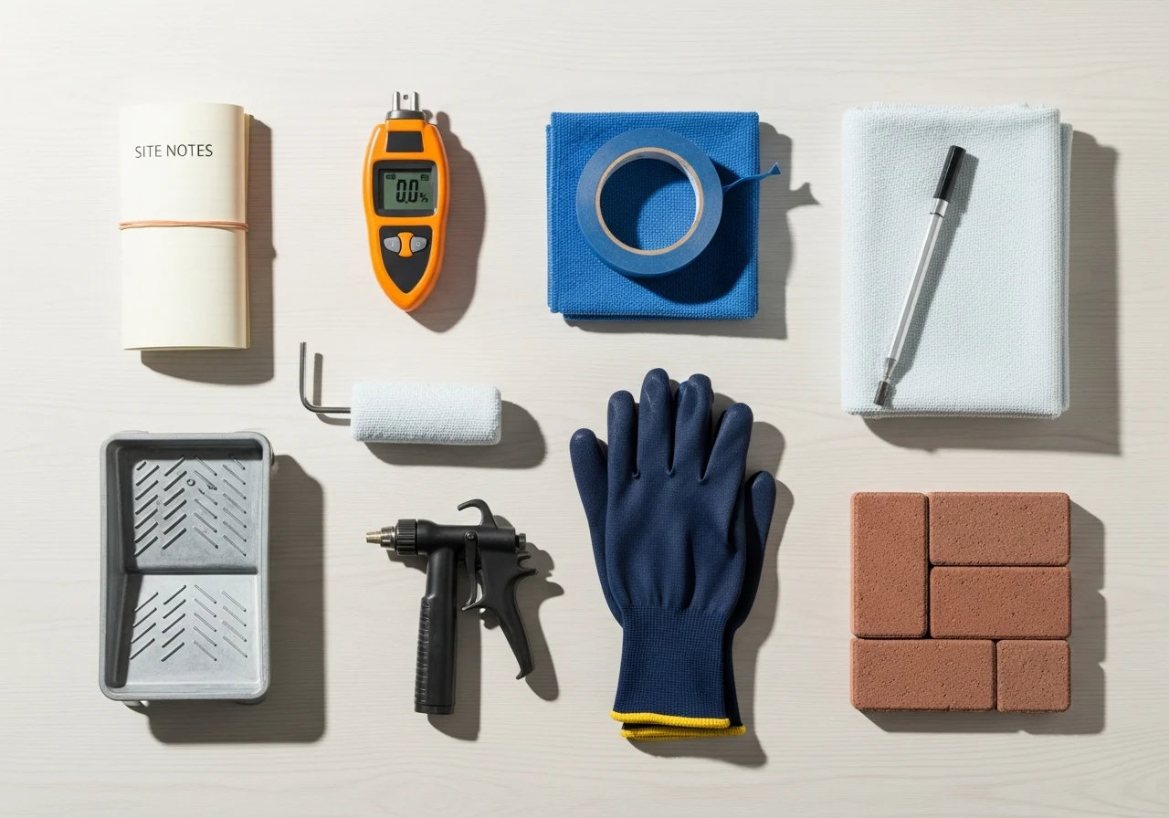 Paver sealing materials neatly arranged on a work surface.