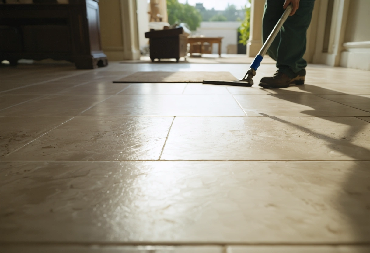 Technician deep-cleans restored tile beside an untreated section in a bright room
