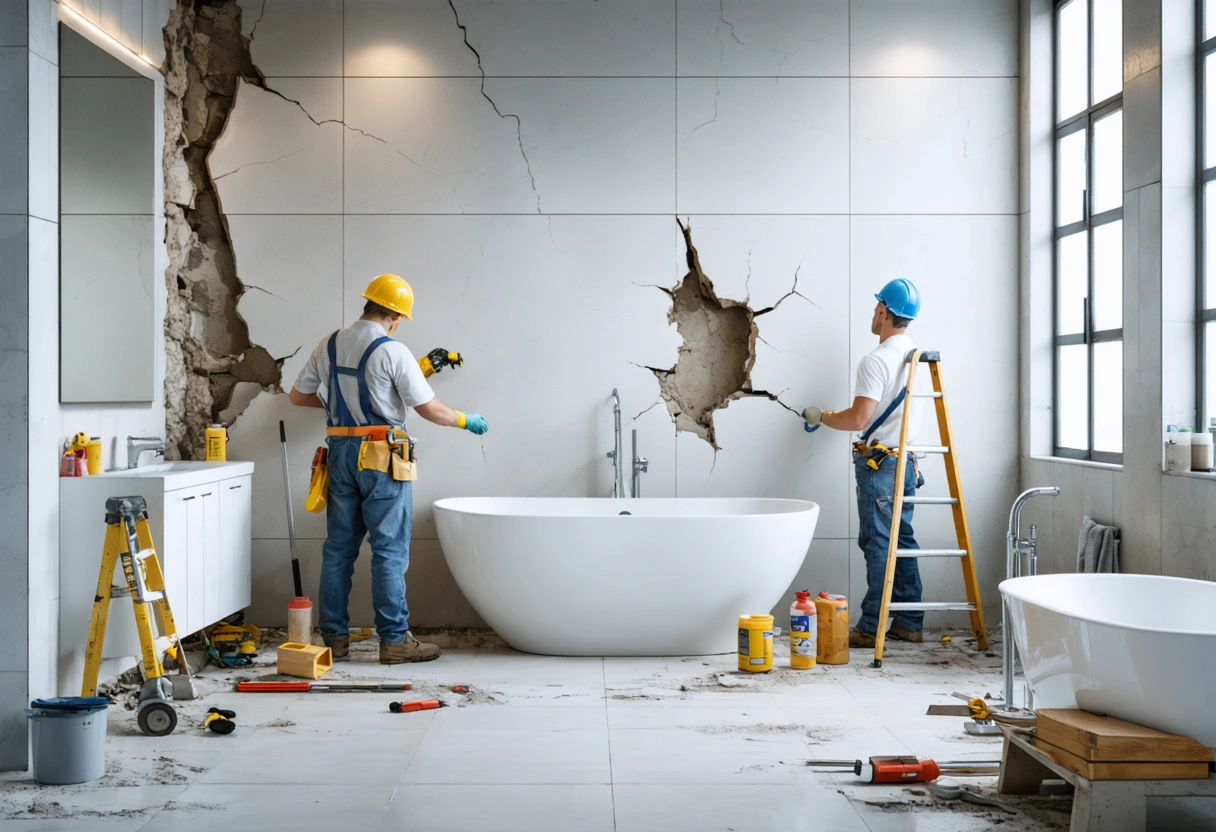 Technician and property manager inspect shower grout and caulk repairs