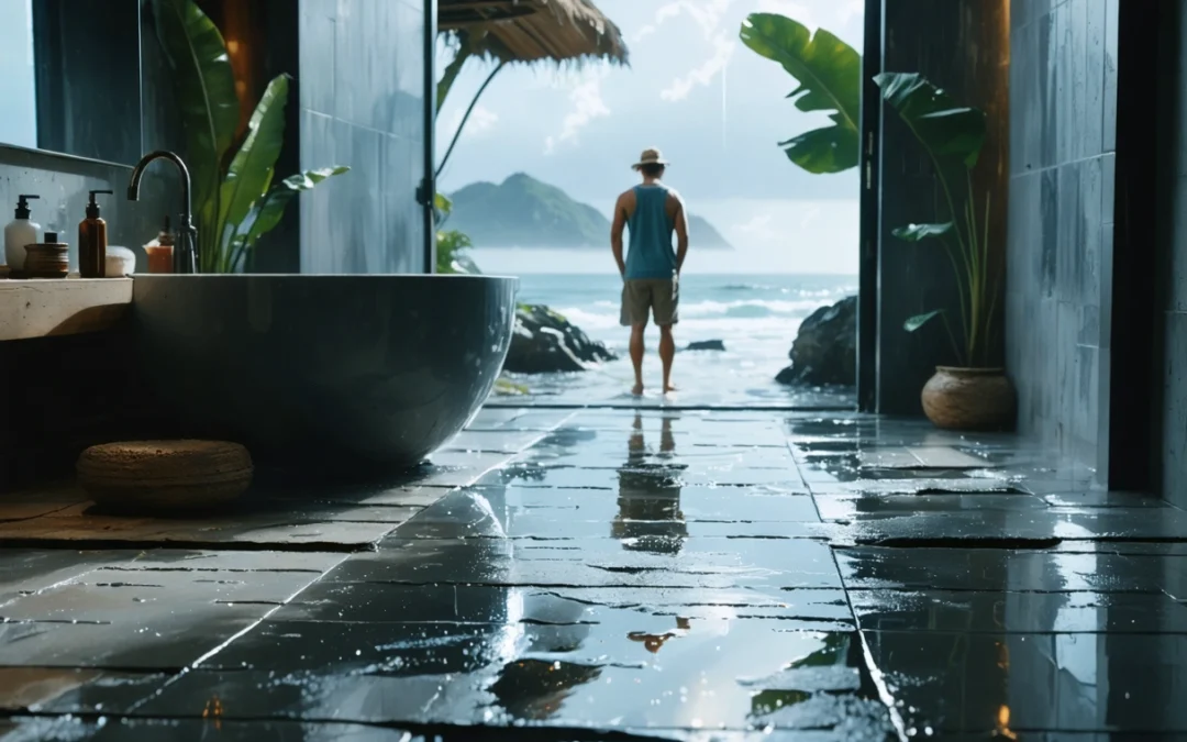 Cinematic wide hero scene inside a bright humid coastal bathroom after a summer rain, glossy tile surfaces and visibly
