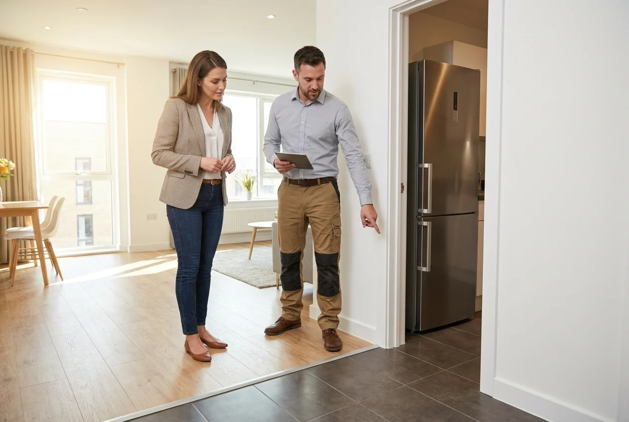 Renovated rental living space with flooring transitions and replacement planks