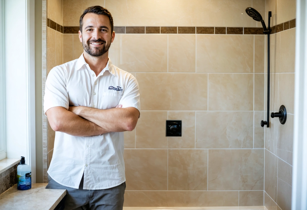 Restored shower with gleaming tile and refreshed grout in a bright bathroom