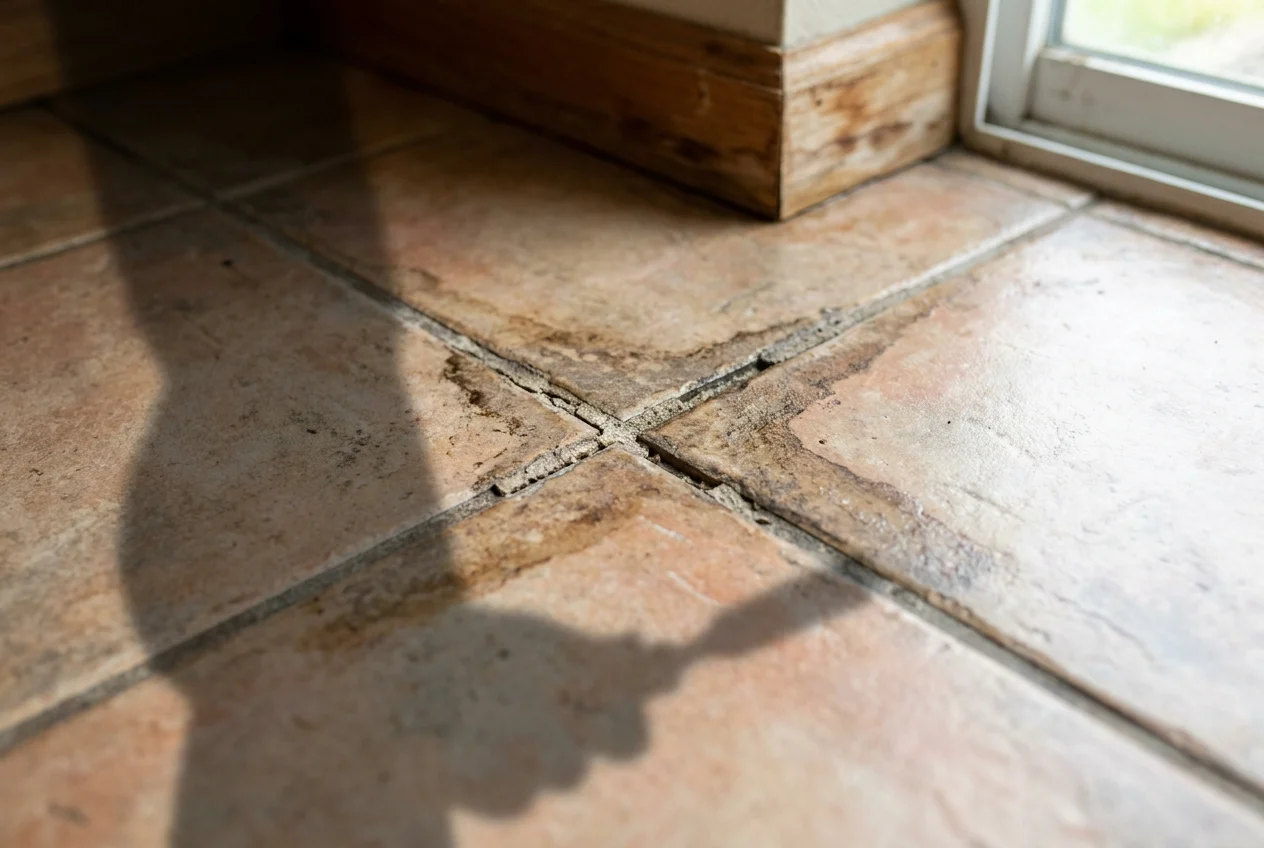 Cracked, missing grout and damp edges on a damaged kitchen or bathroom floor