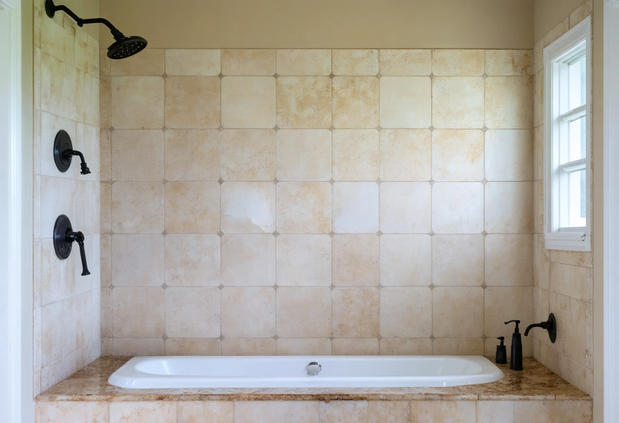 Steamy bathroom with darkened grout, soap scum, and poor ventilation