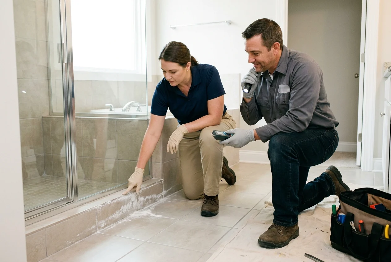 Property manager and tile expert inspecting powdery grout residue in bathroom