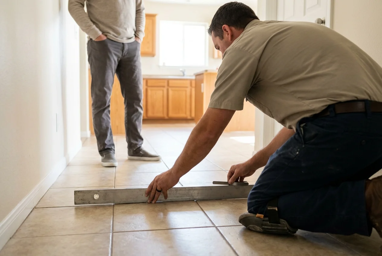 Flooring specialist inspects uneven tile edges with homeowner observing nearby