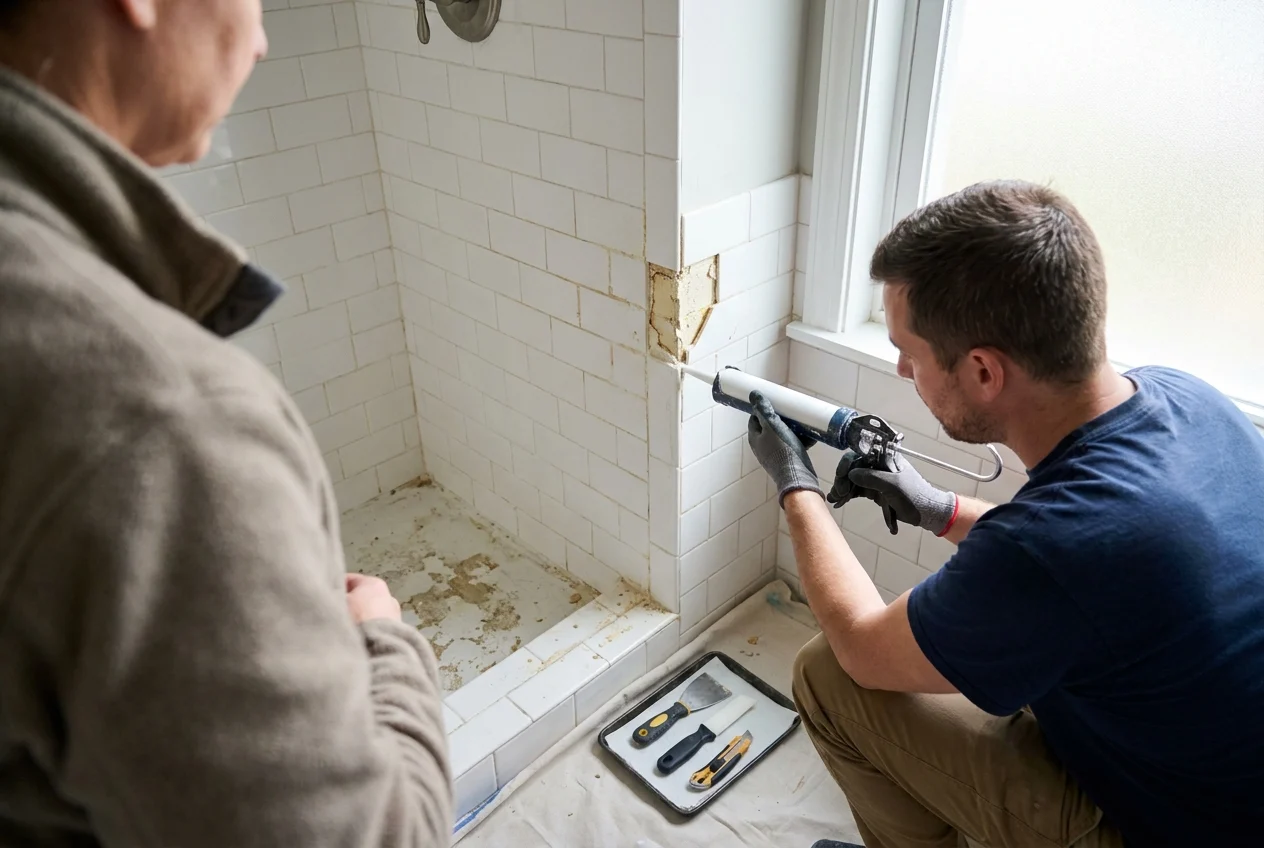 Technician applying fresh caulk to a failing shower corner seam