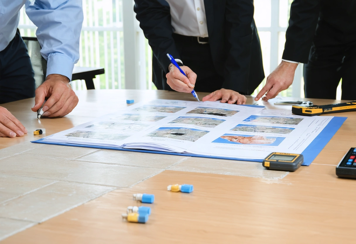 Technician and property manager review grout samples, moisture readings, and mold concerns