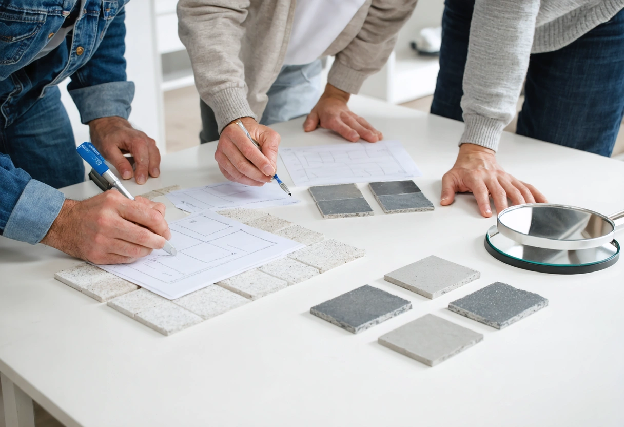 Team reviewing shower repair findings with sample tiles and inspection tools