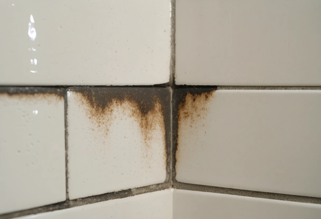 Shower corner with dark grout, separated caulk, and faint mold speckling