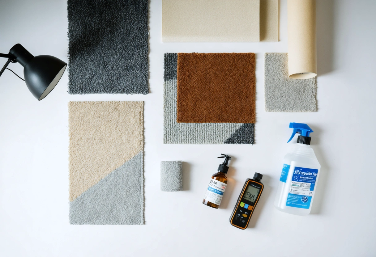Close-up of worn rental carpet with stain test and fiber wear
