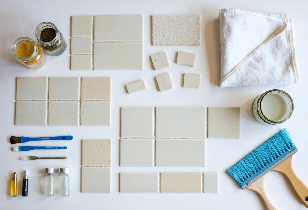 Overhead restoration planning table with tile samples, tools, and repair notes