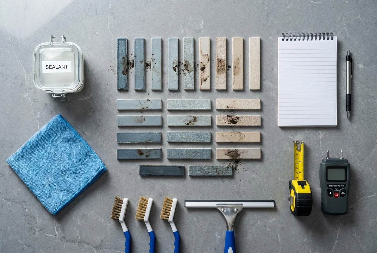 Grout sample strips, cleaning tools, and moisture meter on stone table