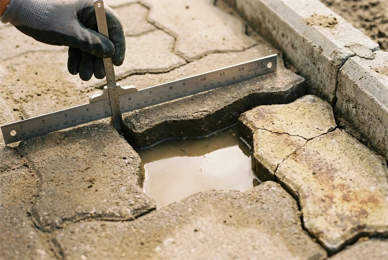 Contractor measures settled and cracked driveway pavers with visible drainage issues